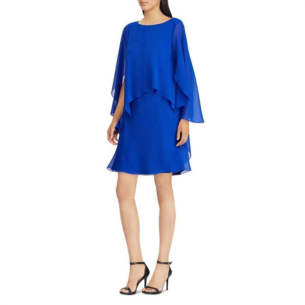 NEW RALPH LAUREN cape overlay chiffon dress in blue